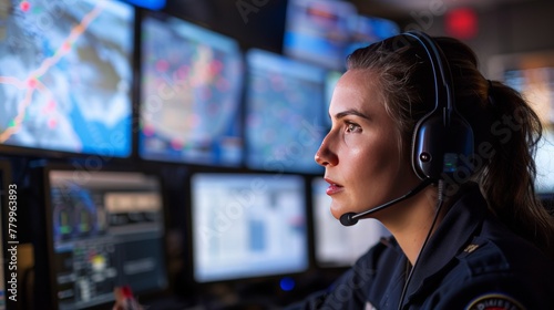 call dispatcher emergency services speaking into their headset and with tracking maps on the screens 