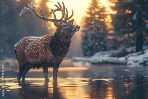 deer on the lake at sunrise