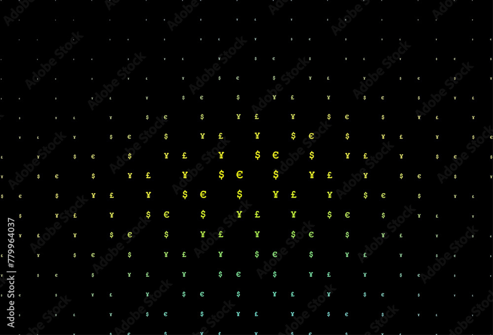Dark green, yellow vector background with EUR, USD, GBP, JPY.