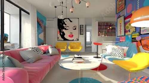 A pop art-inspired collage featuring bold colors and iconic imagery, adding a playful touch to a modern apartment.
