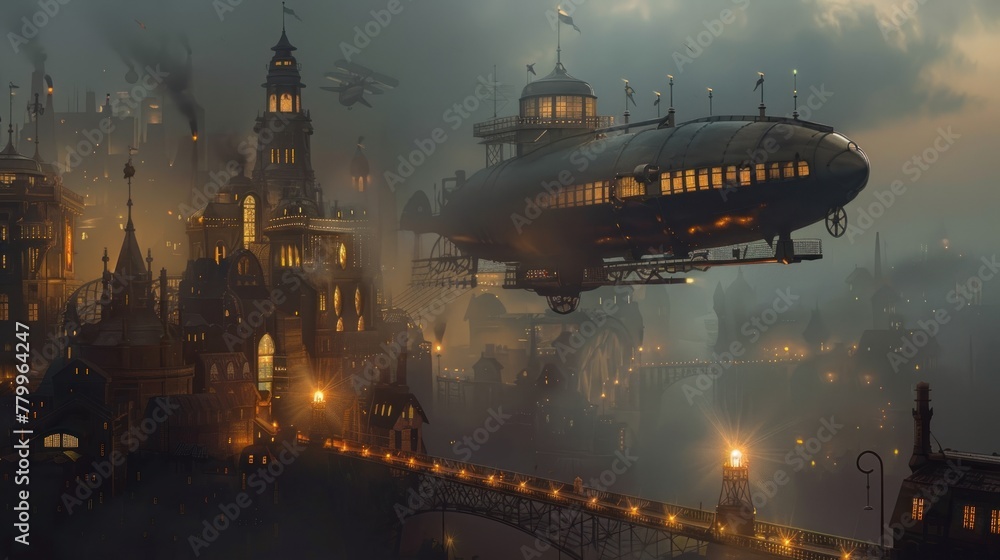 An engaging 3D depiction of a pixie guiding an aluminum airship through the foggy skies of a steampunk city, illuminated by gaslight , advertise photo