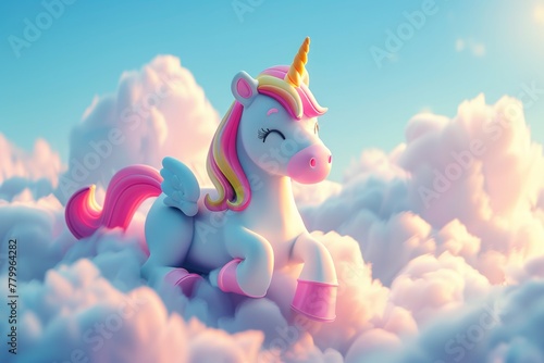 A toy unicorn sitting on top of a cloud.