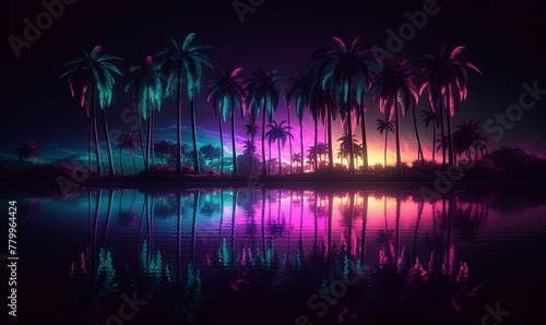 Night coast with neon palm and purple glowing sky background. Dark 80s island with ocean waves and reflection of trees sunrise path