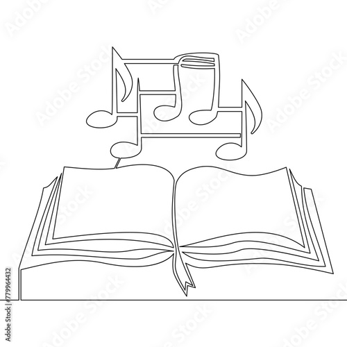 Continuous one single line drawing of book with music note. Music note out from opened book icon vector illustration concept