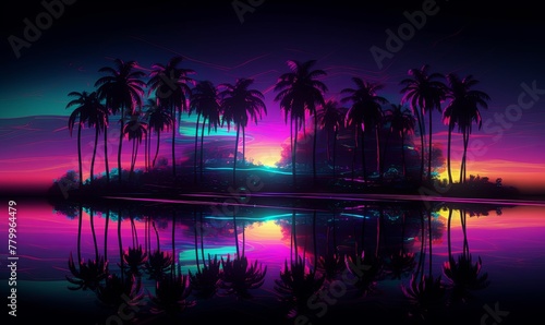 Futuristic synthwave coast with palm with neon glow sky background. Dark 80s island with ocean waves and reflection of trees and purple sunrise path © Kyryl