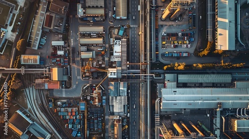 A panoramic aerial view of a sprawling industrial complex, where factories hum with activity and logistics operations seamlessly coordinate the flow of goods
