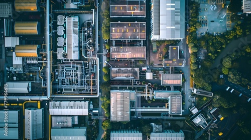 A panoramic aerial view of a sprawling industrial complex, where factories hum with activity and logistics operations seamlessly coordinate the flow of goods photo