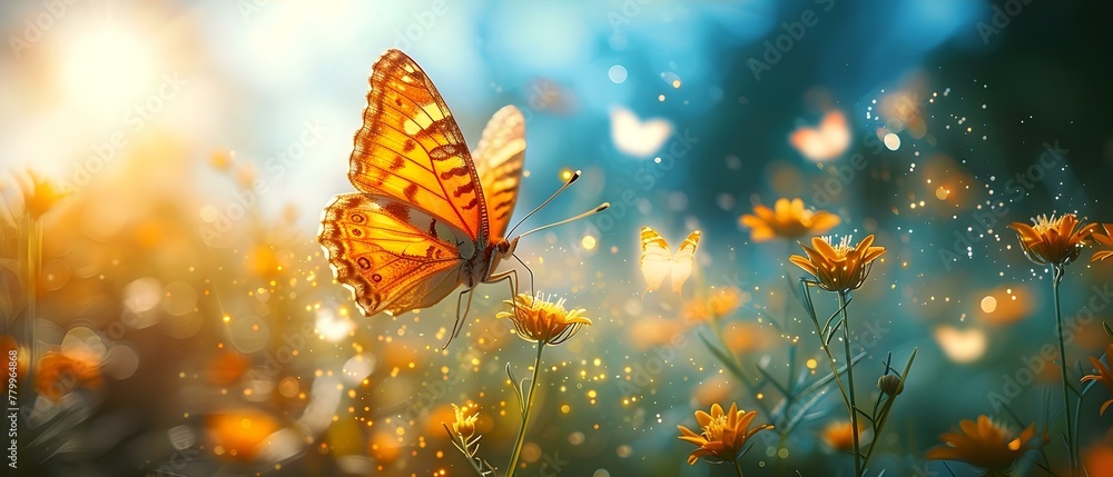 Colorful butterflies flying in a blue sky with a green field. Concept Butterflies, Nature Photography, Blue Sky, Green Field, Colorful Insects Colorful butterflies flying in a blue sky with a green field. Concept Butterflies, Nature Photography, Blue Sky, Green Field, Colorful Insects