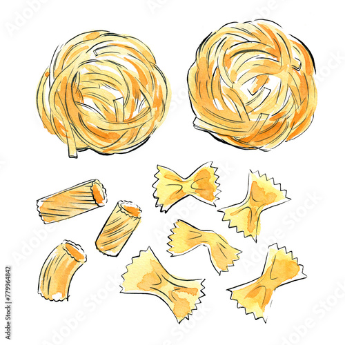 Pasta painted watercolor on a white background. Colorful sketch of food. Italian food. 