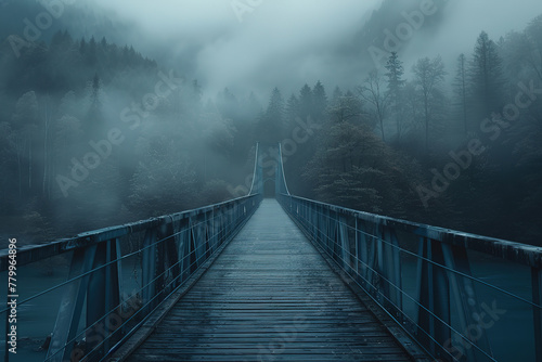 A dark grey bridge in the fog