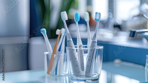 Modern dental care: Closeup of electric toothbrushes in glass holder indoors, combining functionality and style for optimal oral hygiene. Space for text