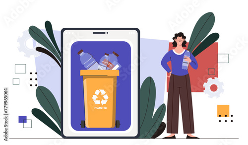 Plastic pollution problem. Woman near trashcan with plastic bottles. Recycling and reuse. Care about nature and ecology, environment. Cartoon flat vector illustration isolated on white background © Rudzhan