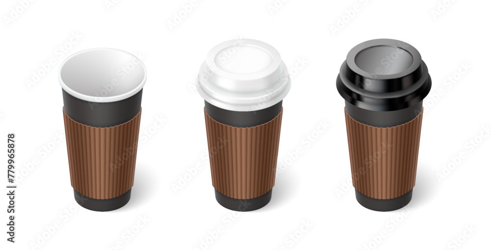 Hot coffee cups with sleeves 3d realistic vector illustration set. Disposal mugs with plastic lids design. Take away drinks on white background Hot coffee cups with sleeves 3d realistic vector illustration set. Disposal mugs with plastic lids design. Take away drinks on white background