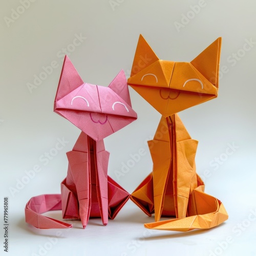A couple of origami cats sitting next to each other. Origami craft, greeting card design element,