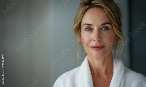 Skincare wellness spa procedures advertising concept with a happy cheerful middle aged woman wearing bathrobe at spa salon or hotel relax zone looking at camera