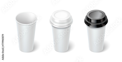 Disposal cups with copy space 3d realistic vector illustration set. Hot drinks mugs design template. Take away service on white background