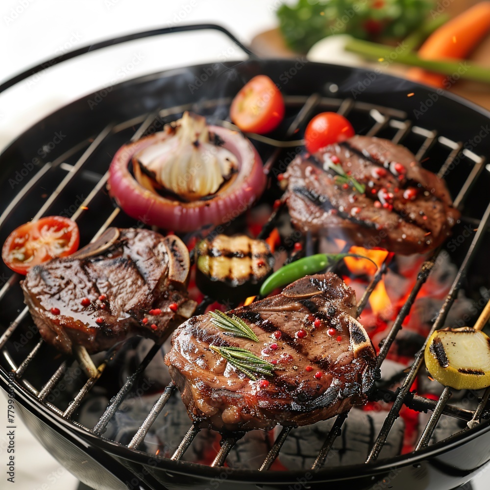 Delicious grilled meat with vegetables sizzling over the coals on barbecue. Grilling in summer Delicious grilled meat with vegetables sizzling over the coals on barbecue. Grilling in summer