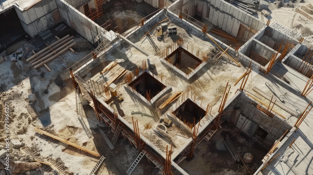 Illustrate the process of building foundations in a unique way from a rear perspective, Illustrate the process of building foundations in a unique way from a rear perspective,