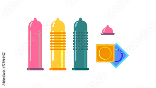 three condoms of different shapes, condom with ribs, spikes, specks multi-colored condoms
