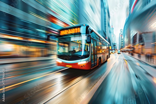 Blurred motion of a city bus speeding through urban streets. photo