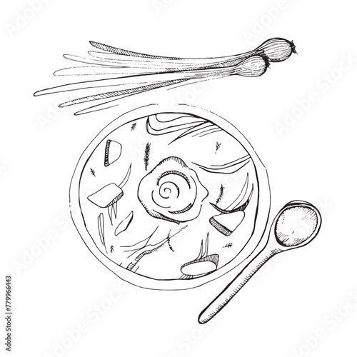 Illustration. Vector illustration of a plate with borscht and green onions, a tablespoon. All objects are drawn in vector in black. Suitable for printing on paper, menus, recipes, scrapbooking.