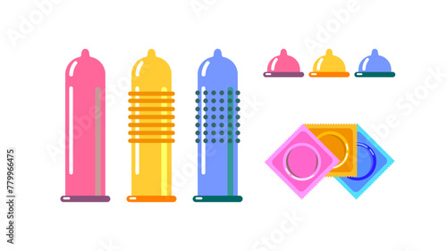 three condoms of different shapes, condom with ribs, spikes, specks multi-colored condoms.means of contraception.
