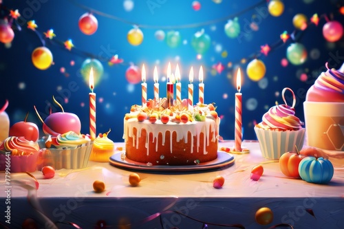 A festive birthday cake sitting in the center of a mellow party atmosphere, candles aglow with a warm light casting dancing shadows on its pristinely frosted surface photo