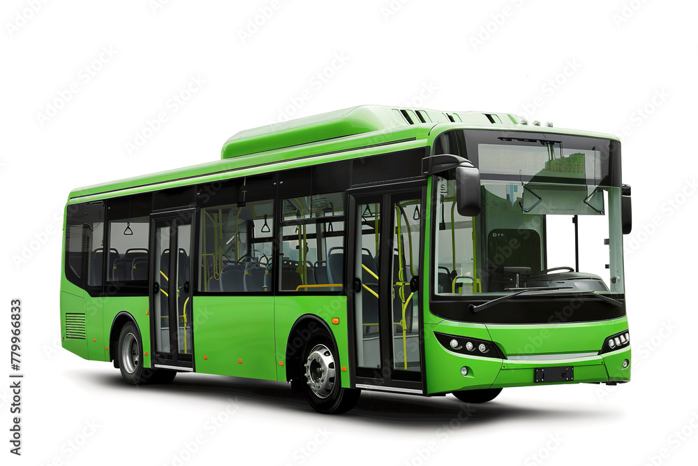 Green modern city bus on a white background, with copy space.