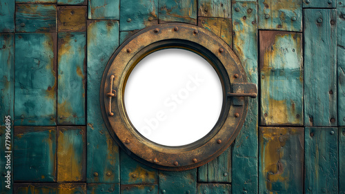Vintage Aged Brass Ship Porthole Mounted on a Wooden Hull with a Transparent Background. Transparent PNG. Generative AI. © Andy Dean