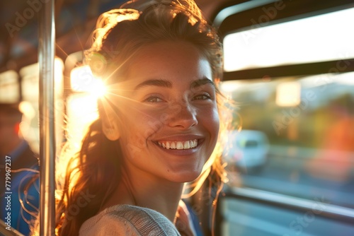Smiling woman enjoying a sunlit bus ride.