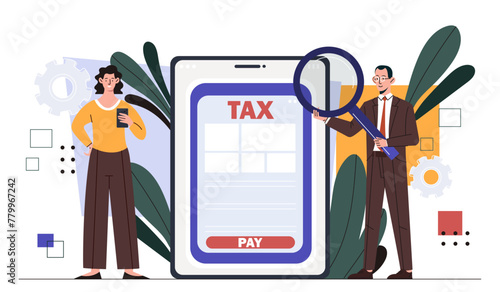 Tax payment application. Man and woman with magnifying glass near smartphone. Mobile app for businesspeople and entrepreneur. Budgeting and accounting. Cartoon flat vector illustration