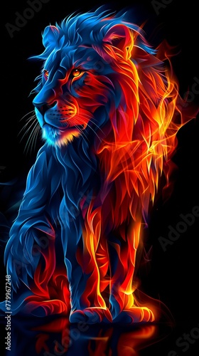 A lion sitting on top of a black surface. A magical creature made of fire.