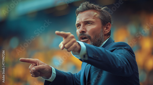soccer male coach standing pointing and shouting his players on the side of the field in stadium photo