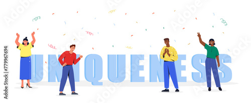 People with uniqueness concept. Men and women near colorful confetti. Guys and girls celebrating success. Awareness and mindfulness. Cartoon flat vector illustration isolated on white background