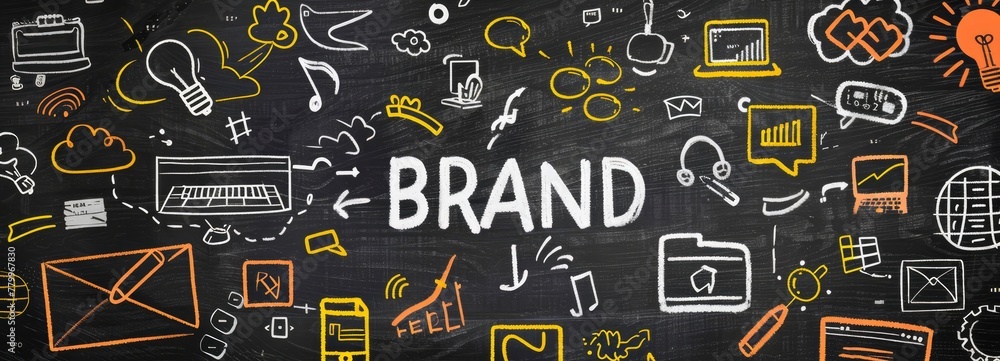 A blackboard with the words BRAND and various icons representing marketing, advertising, logo design, brand value creation, and digital media marketing. A blackboard with the words BRAND and various icons representing marketing, advertising, logo design, brand value creation, and digital media marketing.