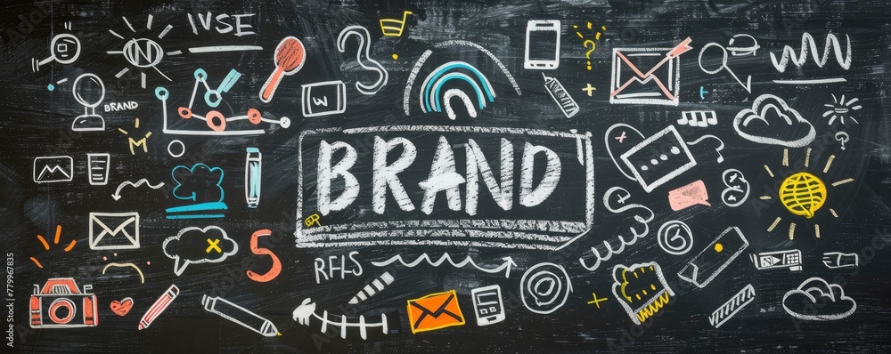 A blackboard with the words BRAND and various icons representing marketing, advertising, logo design, brand value creation, and digital media marketing. A blackboard with the words BRAND and various icons representing marketing, advertising, logo design, brand value creation, and digital media marketing.
