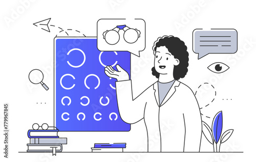 Ophthalmologist woman linear. Girl in medical uniform near table for check sight. Health care and medicine, diagnosis and treatment. Doodle flat vector illustration isolated on white background
