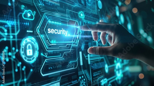 Hand touching the concept of cyber security with a futuristic background, digital technology and network connections, virtual screens showcase abstract data.