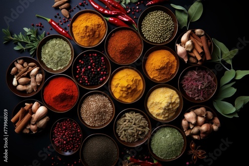 Aromatic Spices colorful top view. Nature food collection view ingredient. Generate Ai