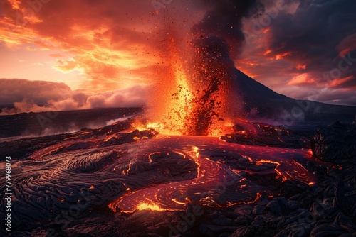 A volcano violently erupts lava, sending fiery molten rock shooting into the sky with immense force