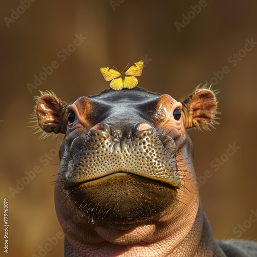 Hippopotamus and butterfly Concept: wildlife conservation, animal conservation organizations. Spring poster © Marynkka_muis