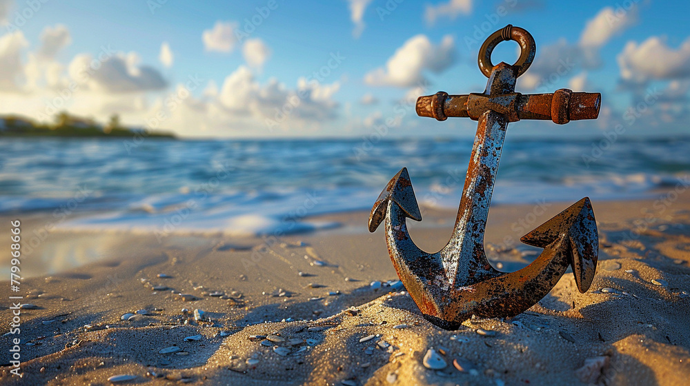 Fototapeta premium An ornate anchor half-buried in the beach sand, hinting at hidden stories of the sea.