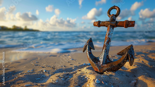 An ornate anchor half-buried in the beach sand  hinting at hidden stories of the sea.