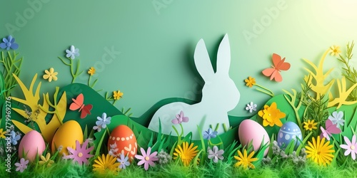A paper cut Easter bunny sits among flowers  eggs  and daisies in the grassy meadow  surrounded by the beauty of nature and plant life AIG42E