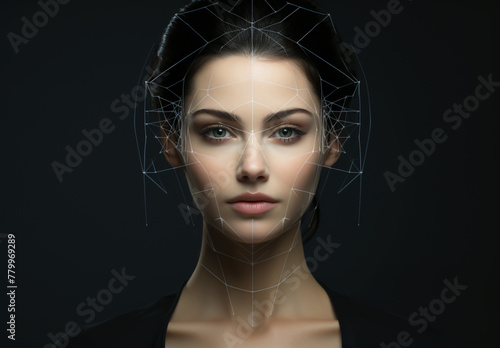 Golden ratio portrait of a female face, symmetry in a female face