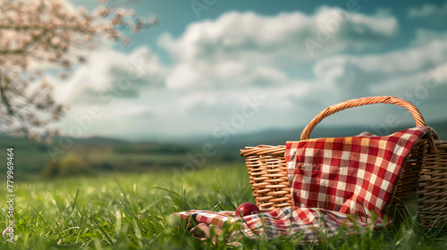 On green grass, a picnic basket against the backdrop of the landscape. A backdrop for relaxing and spending the weekend. Picnic and relaxation