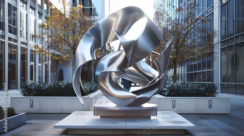 A dynamic abstract sculpture mounted on an outdoor plaza, inviting viewers to engage with its form. photo