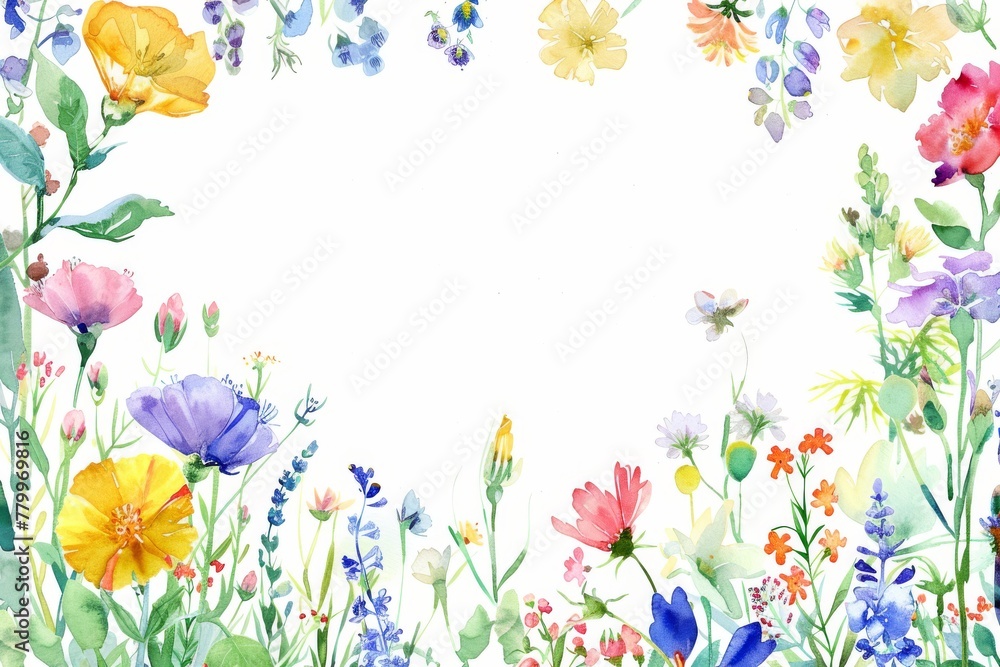 Colorful watercolor wildflowers on white background. A delicate and vibrant array of watercolor wildflowers bloom across the scene, showcasing a variety of colors and forms on a pure white backdrop