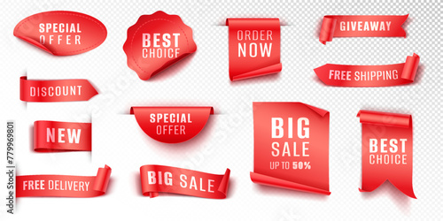 Red promotion tags realistic vector illustration set. Badges ribbons and banners for sales advertisement 3d models on white background