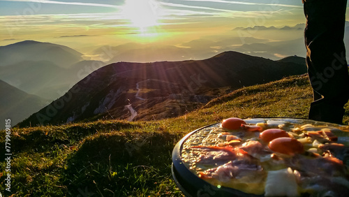 Canvastavla Cocking ham and eggs during sunrise on top of Dobratsch, Villach Alps, Carinthia, Austria, Europe